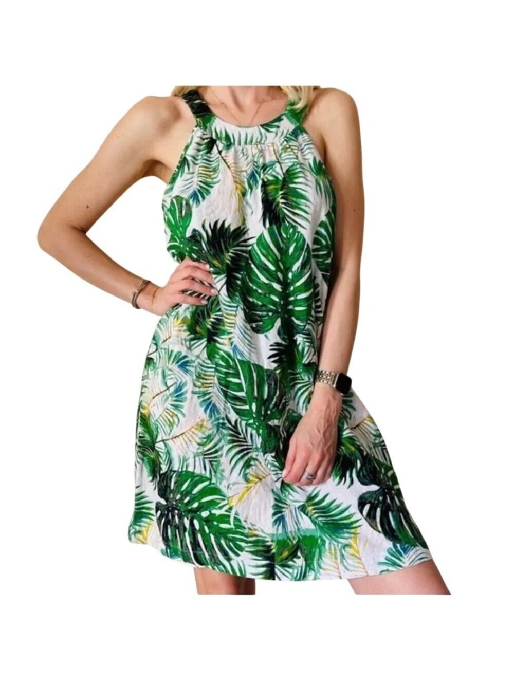 Tahari Women's Linen Palm Print Sleeveless Dress GreenTropical Resort Size M